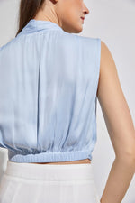 Edme Sleeveless Front Overlap Satin Top - Blue