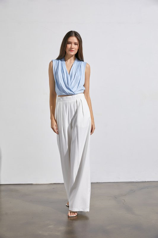 Edme Sleeveless Front Overlap Satin Top - Blue