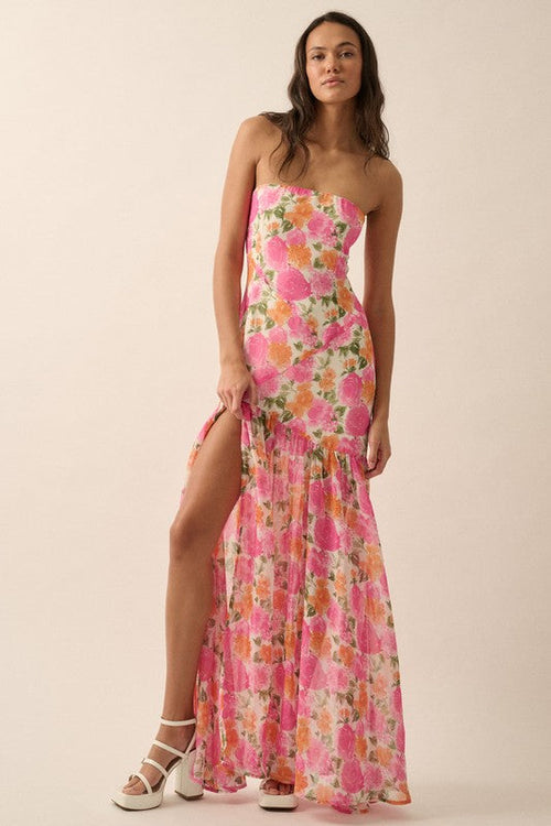 Layana Strapless Floral Asymmetrical Maxi Dress - Pink Floral