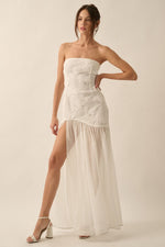 Layana Strapless Lace Chiffon Asymmetrical Maxi Dress - White