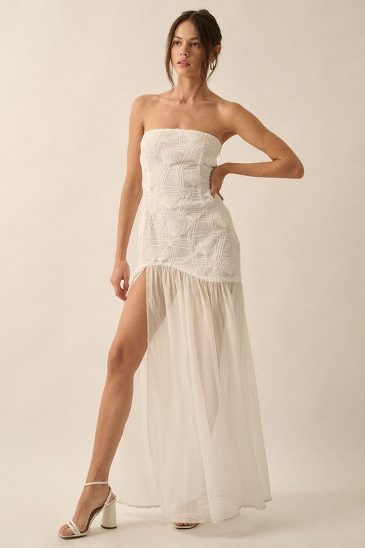 Layana Strapless Lace Chiffon Asymmetrical Maxi Dress - White