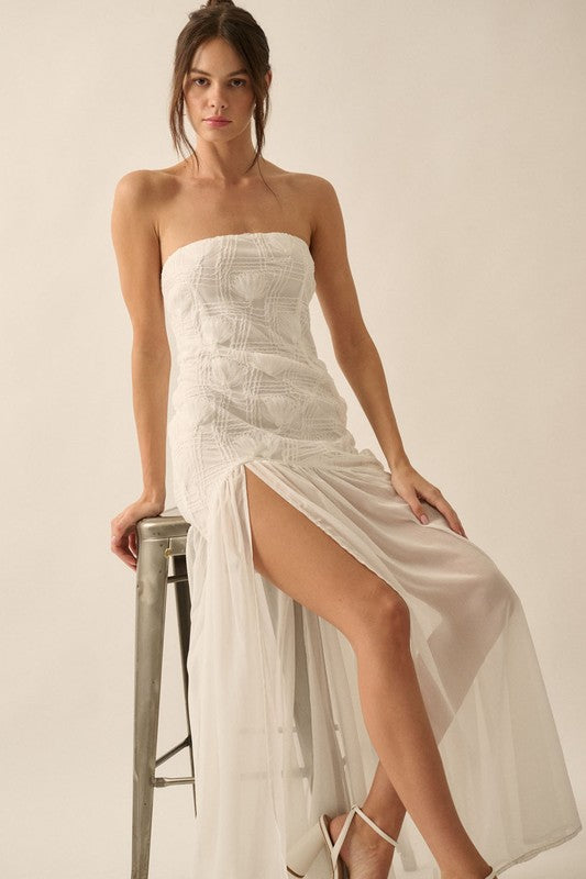 Layana Strapless Lace Chiffon Asymmetrical Maxi Dress - White