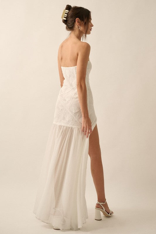 Layana Strapless Lace Chiffon Asymmetrical Maxi Dress - White