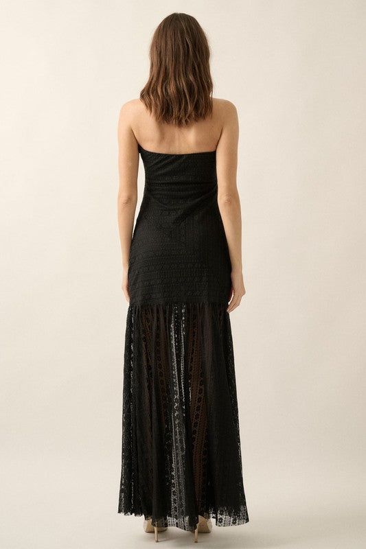 Layana Strapless Lace Asymmetrical Maxi Dress - Black