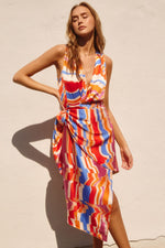 Xenissa Wrap Sleeveless Midi Dress - Orange/Blue/Cream
