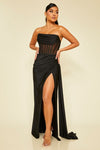 Amiyah Draped Corset Gown High Slit Maxi Dress