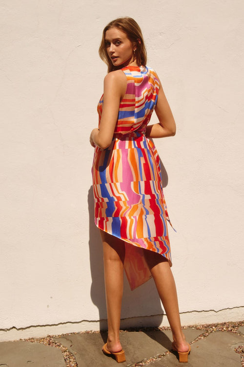 Xenissa Wrap Sleeveless Midi Dress - Orange/Blue/Cream