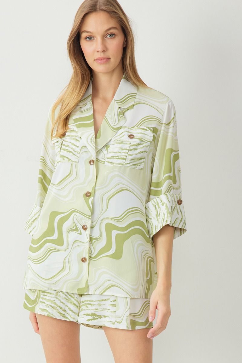 Marat Printed Button Down Top And Belted Short Set