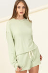 Abbeline Comfy Long Sleeve Top And Drawstring Short Set - Pastel Green