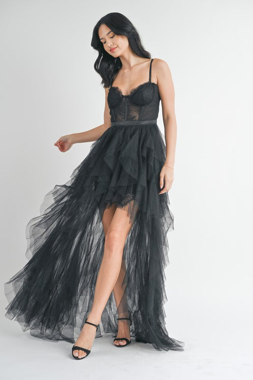 Dinah Tulle Lace Corset Bodice Gown Dress - Black