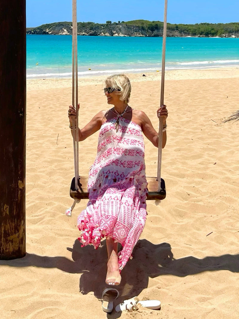 Khelani Moroccan Swirl Tie Dye Sheer Halter Scarf Maxi / Coverup Dress - Pink
