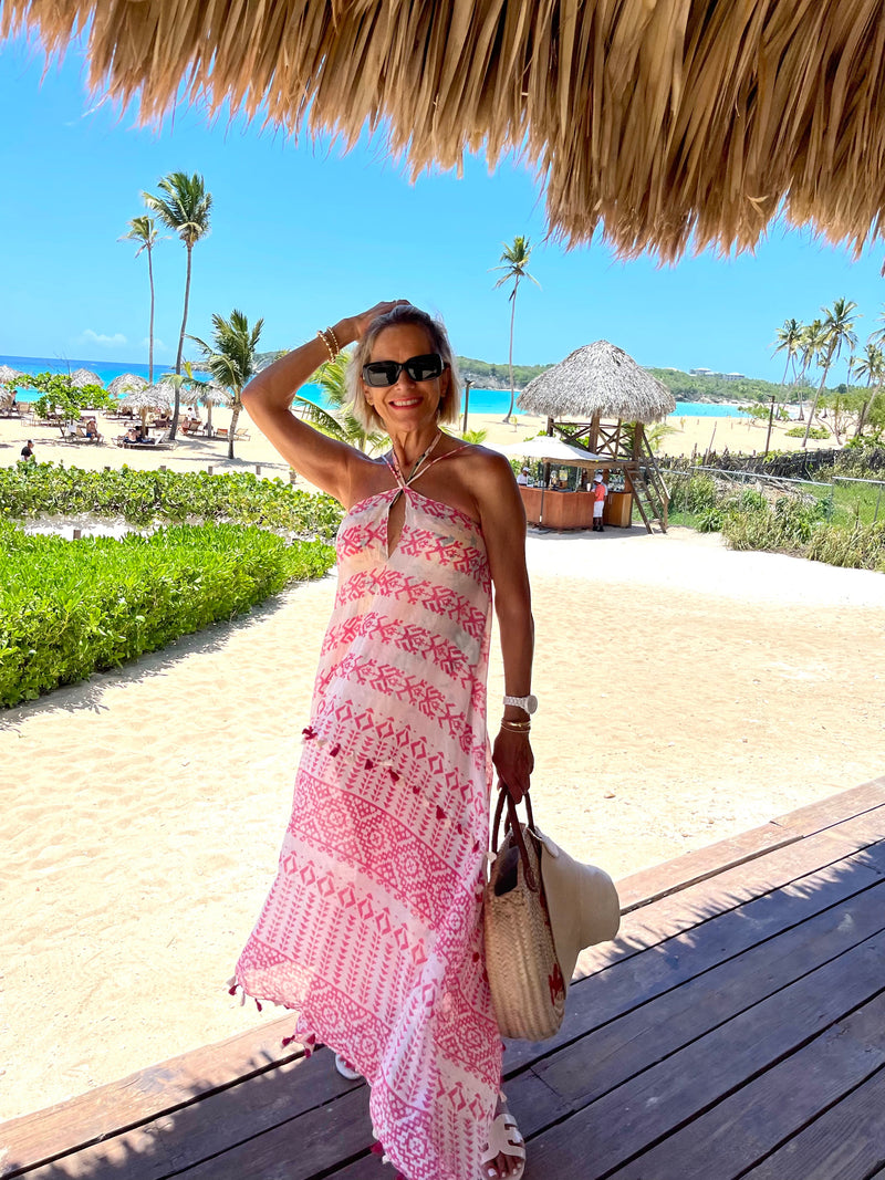 Khelani Moroccan Swirl Tie Die Sheer Halter Scarf Maxi / Coverup Dress - Aqua