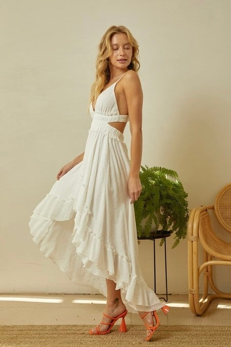 Miabella High Low Ruffle Maxi Dress - White