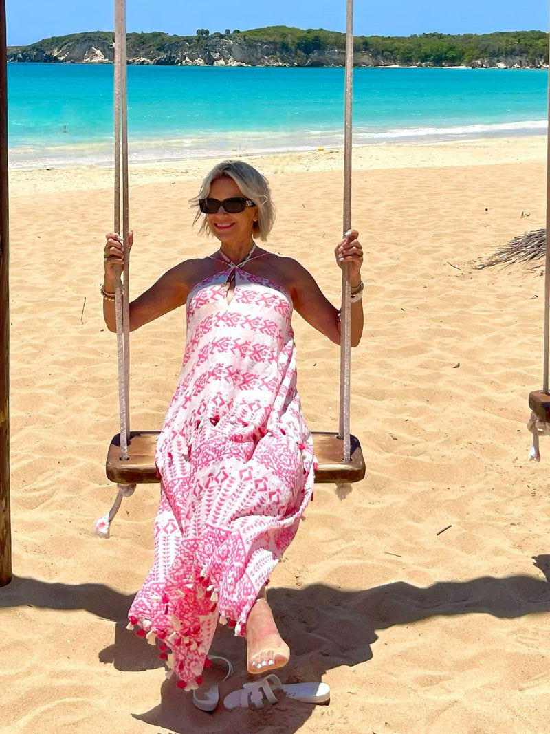 Khelani Moroccan Swirl Tie Dye Sheer Halter Scarf Maxi / Coverup Dress - Pink