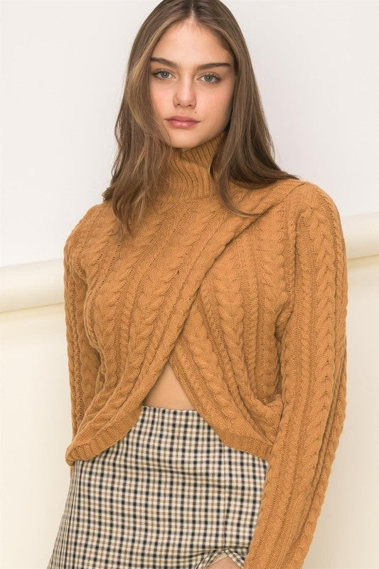 Meghan Cable Knit Overlap Sweater - Light Brown