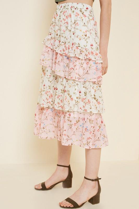 Sheila Floral Patchwork Tiered Midi Skirt