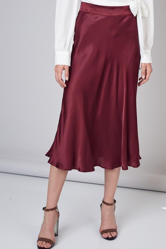 Laura Satin Midi Flare Skirt - Wine