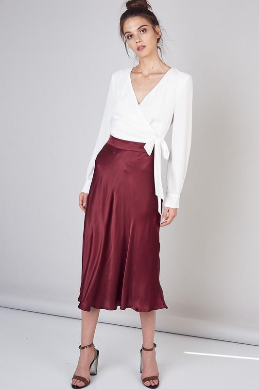 Laura Satin Midi Flare Skirt - Wine