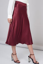 Laura Satin Midi Flare Skirt - Wine