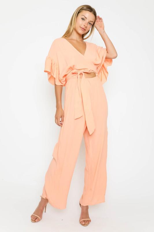 Beatriz Waist Tie Jumpsuit with Ruffle Sleeves - Coral