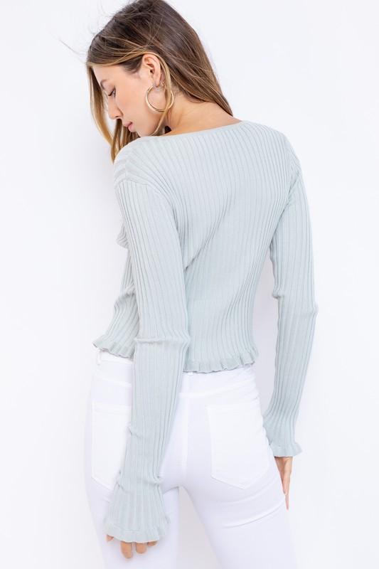 Cleotha Ribbed Ruffle Detail Knit Sweater - Sage