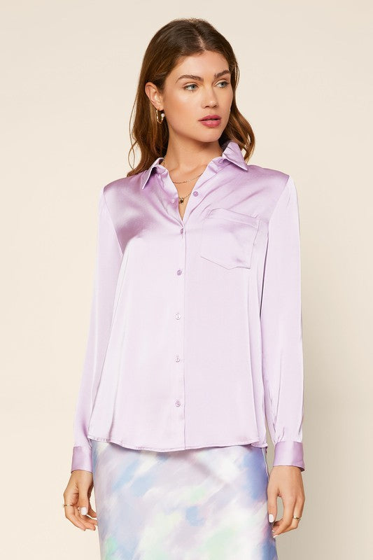 Martha Satin Button Down Top With Pocket - Purple