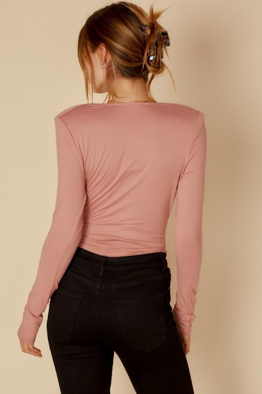 Casita Mauve Pink Sheer Lace Long Sleeve Bodysuit