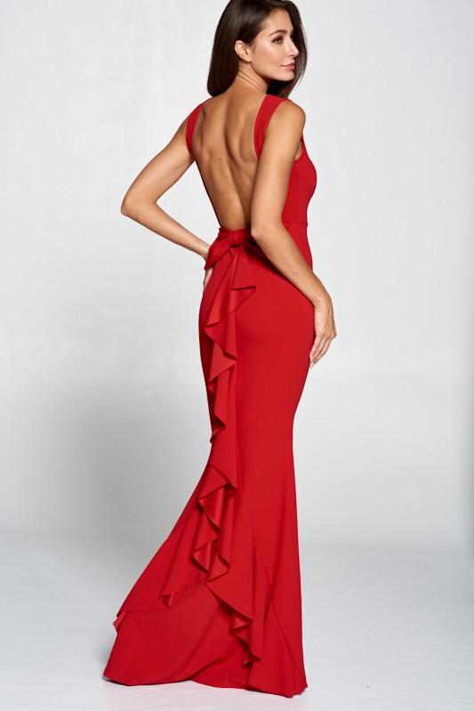 Skyla Crepe Bow Open Back Ruffle Maxi Gown- Red