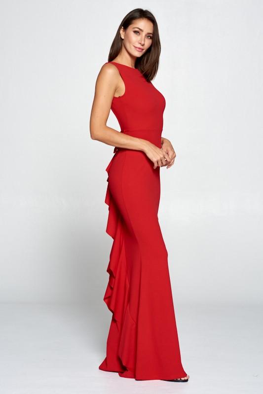 Skyla Crepe Bow Open Back Ruffle Maxi Gown- Red