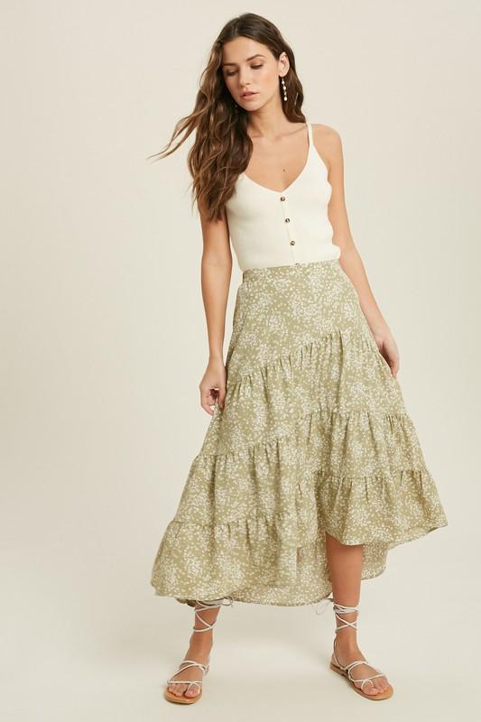 Sienna Floral Print Midi Skirt - Olive