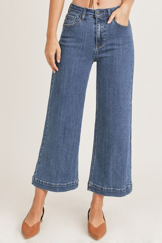 Olivette Cropped Wide Leg High Rise Jeans - Dark