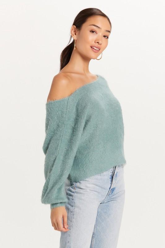 Monica Off the Shoulder Fuzzy Sweater - Moss