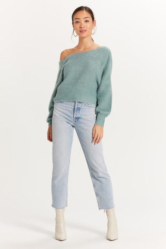 Monica Off the Shoulder Fuzzy Sweater - Moss