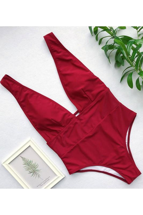 Elenor Deep V Bathing Suit - Red