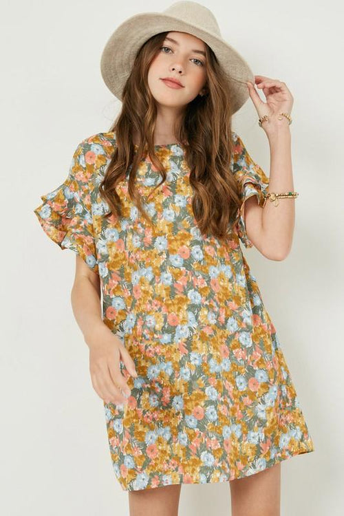 Girls Collection - Rae Foral Layered Ruffle Sleeve Mini Dress