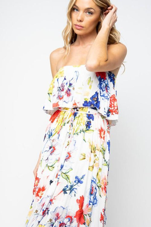 Flor Strapless Single Tier Floral Maxi Dress - White no