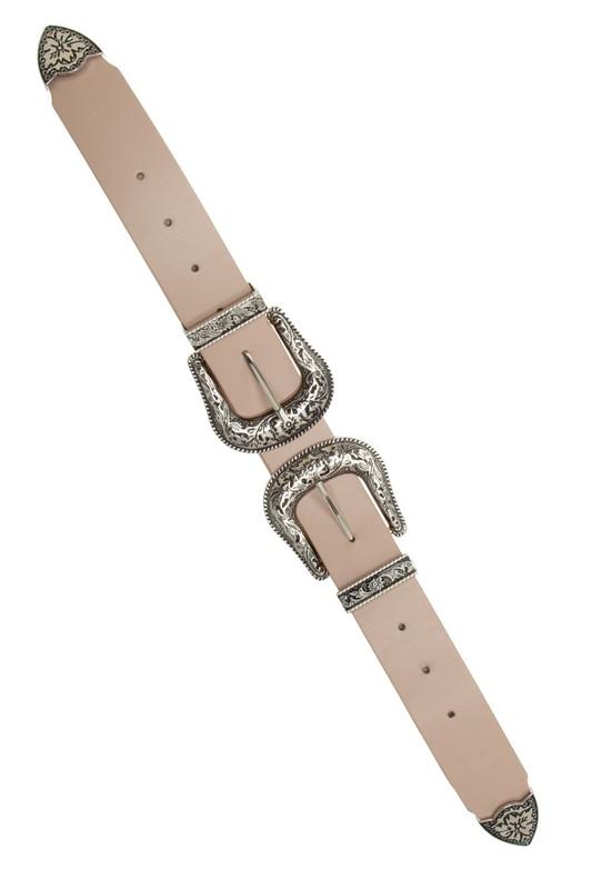 Lena Double Silver Buckle Western Belt - Taupe