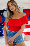 Elisa Off The Shoulder Ribbed Ruffle Bodysuit - Red