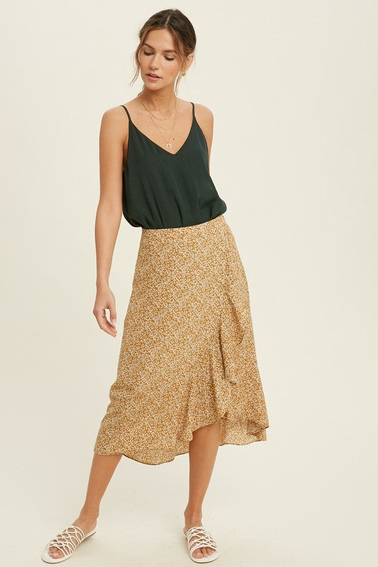 Kimia Floral Ruffle Midi Skirt - Mustard