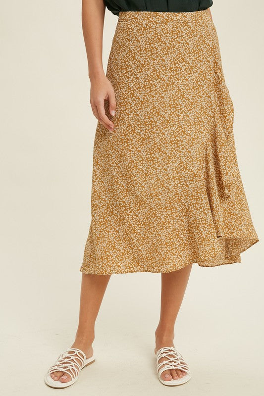 Kimia Floral Ruffle Midi Skirt - Mustard