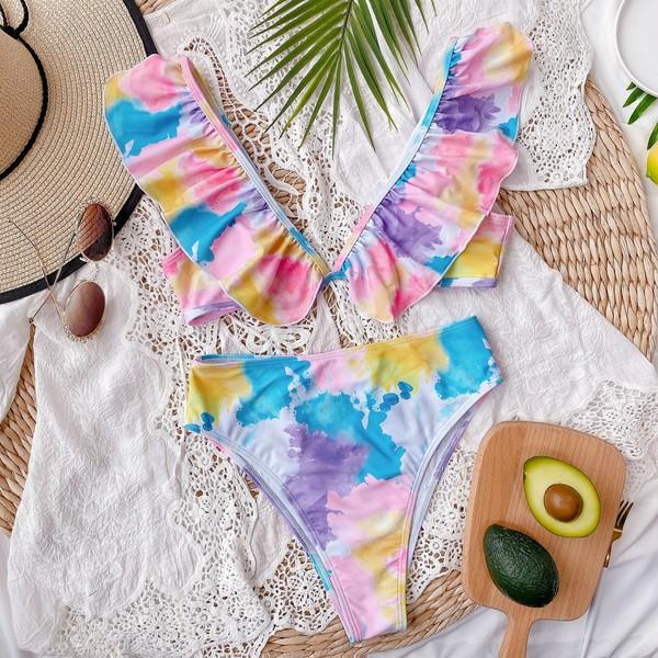 Joanna Tie Dye High Waisted Ruffle Detail Bikini Set