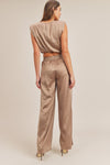 Kylie Satin Shoulder Pad Crop Top and Pant Set - Taupe