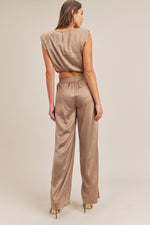 Kylie Satin Shoulder Pad Crop Top and Pant Set - Taupe