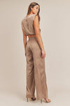 Kylie Satin Shoulder Pad Crop Top and Pant Set - Taupe