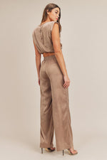 Kylie Satin Shoulder Pad Crop Top and Pant Set - Taupe