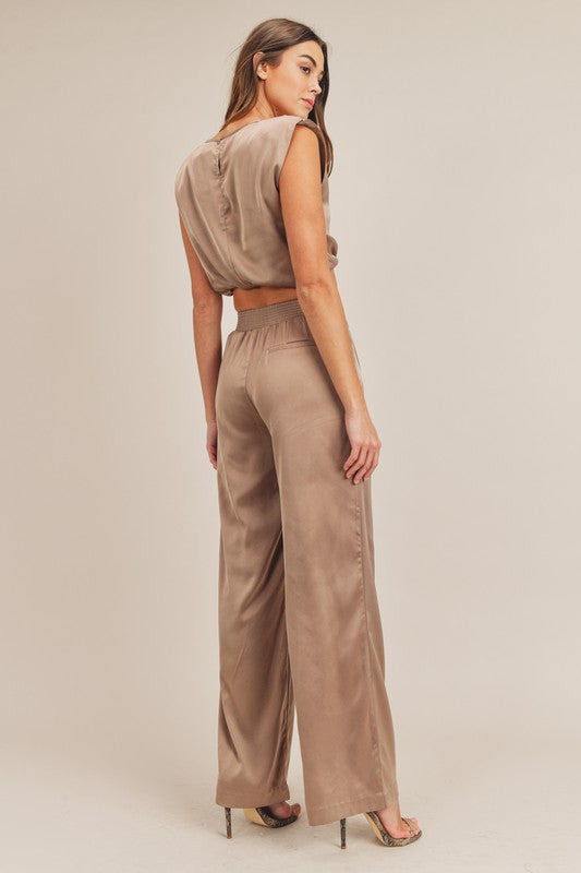 Kylie Satin Shoulder Pad Crop Top and Pant Set - Taupe