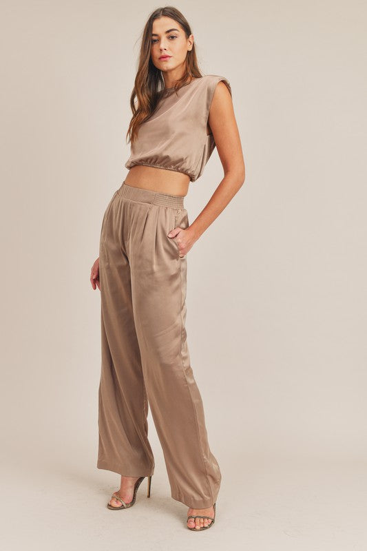 Kylie Satin Shoulder Pad Crop Top and Pant Set - Taupe