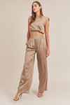 Kylie Satin Shoulder Pad Crop Top and Pant Set - Taupe