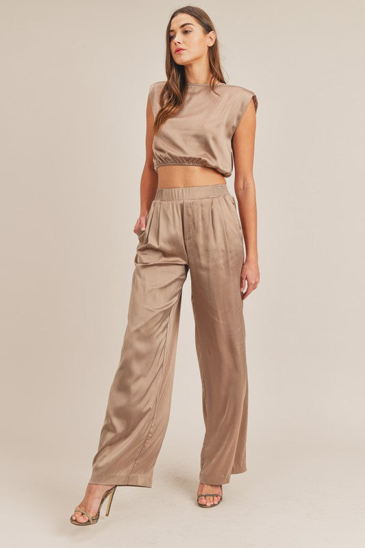 Kylie Satin Shoulder Pad Crop Top and Pant Set - Taupe