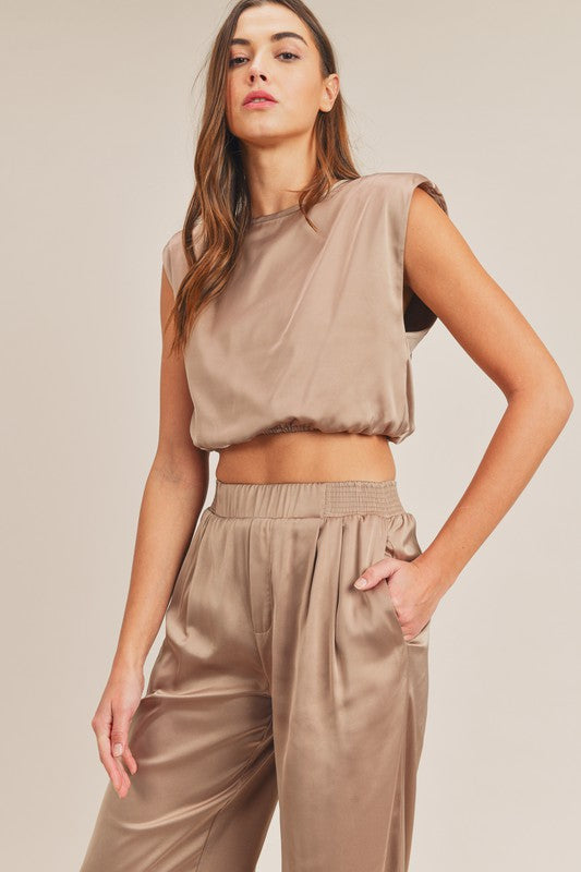 Kylie Satin Shoulder Pad Crop Top and Pant Set - Taupe
